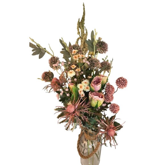 Artificial Wildflower Bouquet Roses, Thistles & Wild Blooms in Pink & Peach, Fau - Picture 7 of 15
